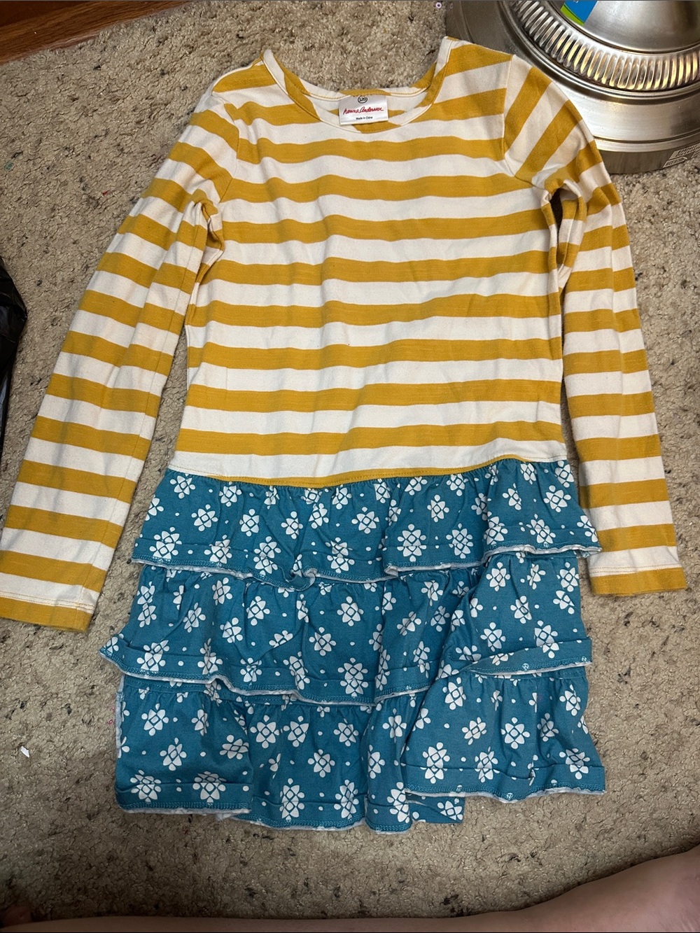 Hanna Andersson Mustard and White Stripe Top with Teal Floral Tiered Skirt Dress